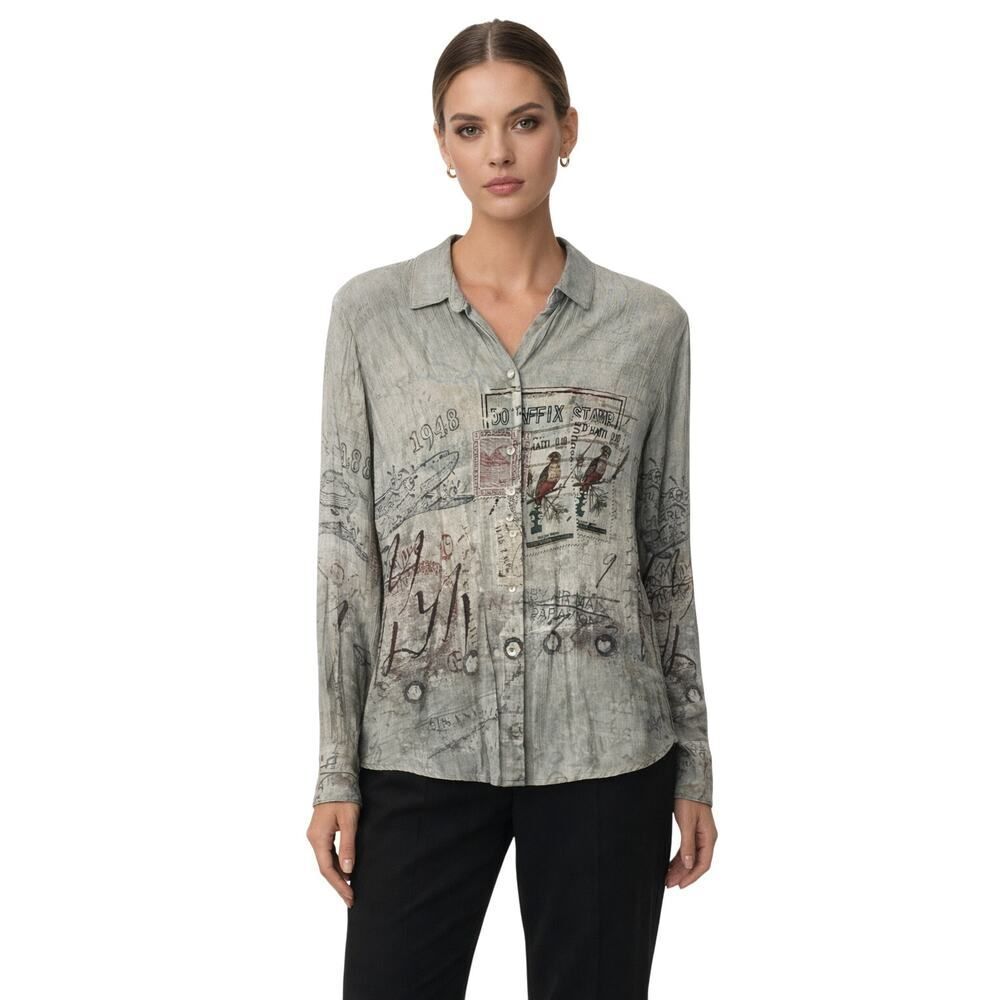 SIMPLY ART BY DOLCEZZA Women’s Postage Stamp Button Down Shirt Taupe Size Medium